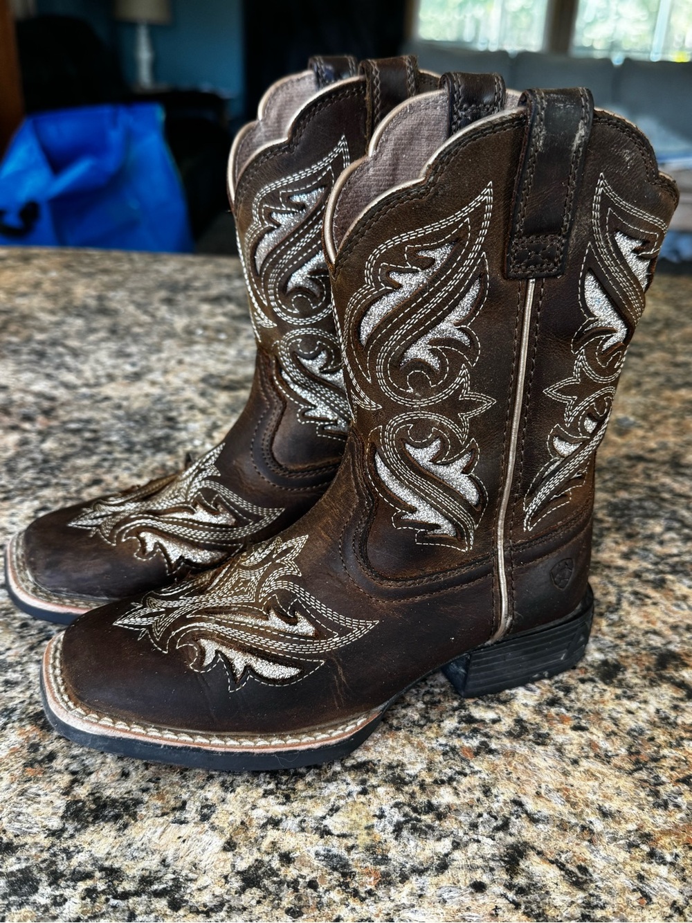 Ariat Young Girl Western Boots Brown Leather Pull On Square Toe Size 12 Sparkle